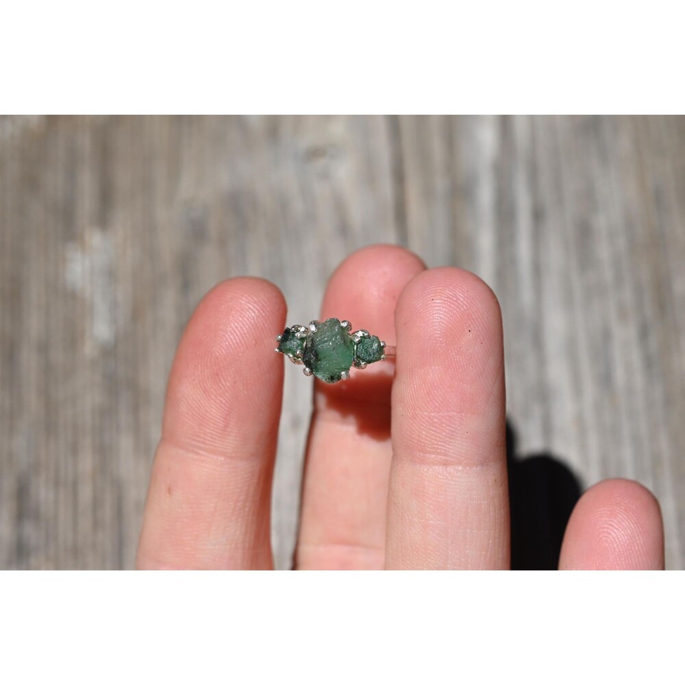 Real Emerald Ring, Genuine Uncut Emerald Jewelry, Raw Diamond Ring, Natural Gems